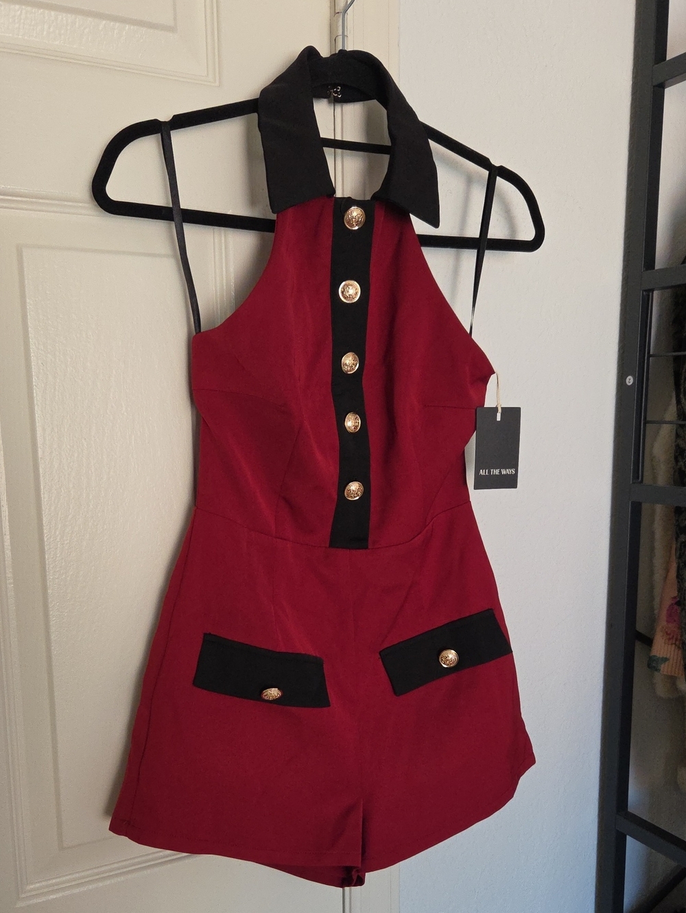 NWT All The Ways Red Halter Romper with Black Trim XS
